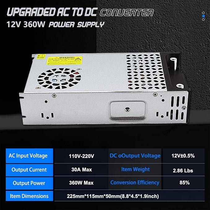 AC to DC 12V 30A 360W Power Supply, Silver, 1 Item, Switching Universal Regulated Converter, AC 110V 220V to DC 12V, SMPS Transformer Driver Adapter for LED Strip Light, CCTV Camera, RV