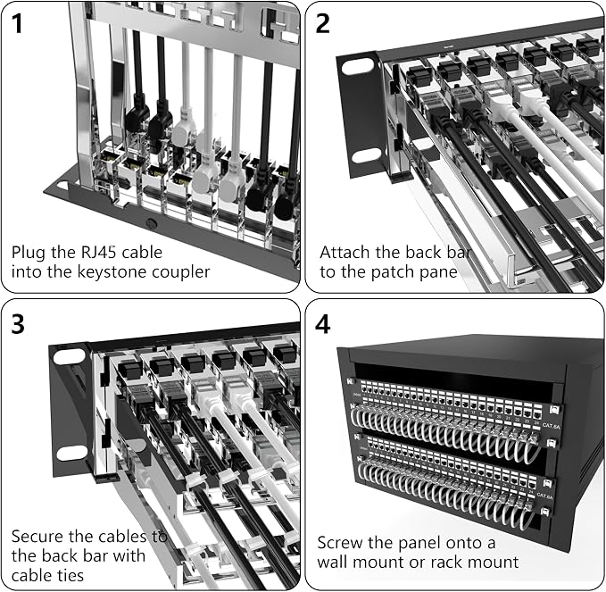 Jadaol [UL Listed] 48-Port Shielded Cat6A Patch Panel, 19” 2U Rackmount/Wall Mount Feed-Through RJ45 Panel with 48 Preloaded Shielded Keystone Couplers + 2 Spare, Up to 10Gbps, Cable Management Bar