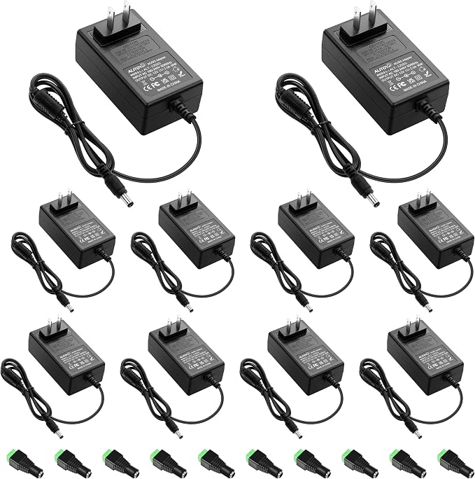 ALITOVE 12 Volt Power Supply 30W AC Adapter 100~240V to DC 12V 2.5A Converter 4.92FT Power Cord 5.5 x 2.5mm/2.1mm Output Jack for LED Strip Lights CCTV Camera Routers Sceptre Monitor (10 Pack)