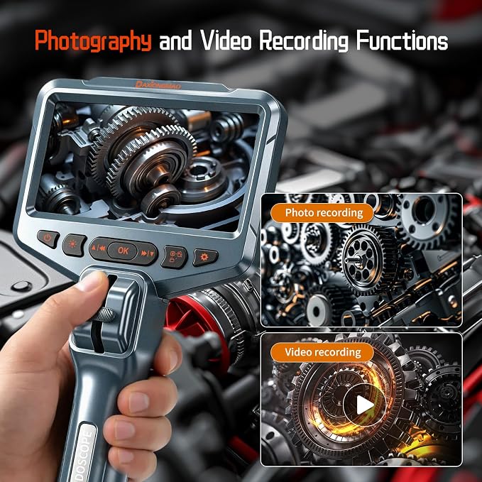 Daxiongmao 2-Way Articulating Borescope, 4.5" IPS 1080P HD Endoscope with LED Lights, IP67 Waterproof Snake Inspection Camera, 5FT Probe for Auto Engine, HVAC Duct, Plumbing Pipe Wall Inspection