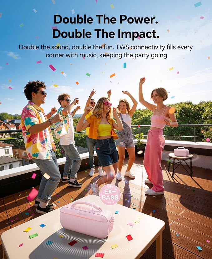 dbsono Portable Bluetooth Speaker Wireless: 100W(Peak) SoundPulse 2.0 with BassBoost, Waterproof Loud Party Speakers, Unlimited Pairing, TWS for Outdoor/Indoor, Beach Vacation Essential, Pink