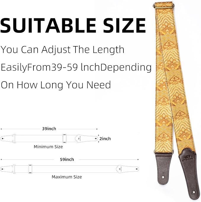 Guitar Strap, Electric& Acoustic Bass Guitar Straps,Embroidered Filament with Head Cowhide Leather Strap, with Free Strap Button,2 Guitar Strap Locks，4Guitar Pick (Gold Water Pattern)