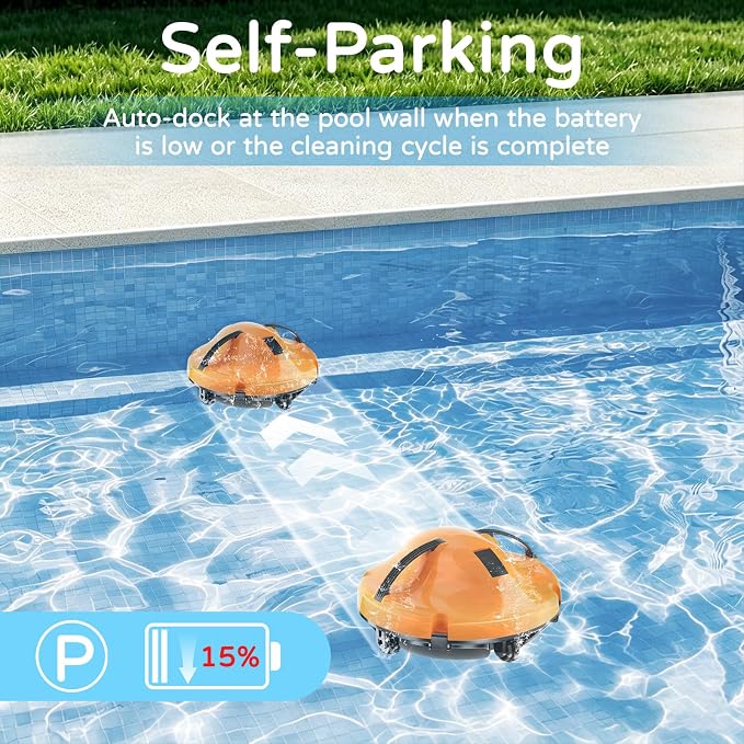 2026 New Cordless Robot Pool Vacuum, Automatic Pool Cleaner Robot with Dual-Motor, 130mins Runtime & Auto Parking Robotic Pool Vacuum for Above Ground Pool Up to 1100 Sq.Ft,JQR-V201,Orange