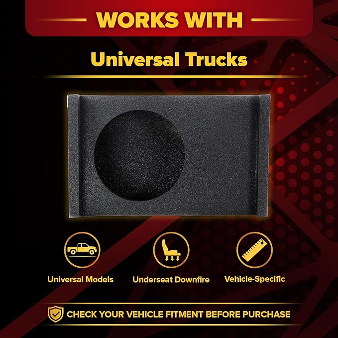 QPower Single 10in Sub Enclosure, Universal Shallow Mount Downfire/Behind Seat Speaker Box Compatible with Most GMC, Chevy, & Ford Trucks