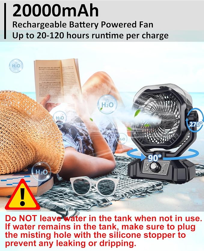 Portable Rechargeable Misting Fan with 12oz Water Tank, Auto Oscillating, Remote, Timer, Light, 8 Speeds, 9-Inch, 20000mAh 120H Battery Powered Mist Fan for Camping, Travel, Worksite, Poweroutage