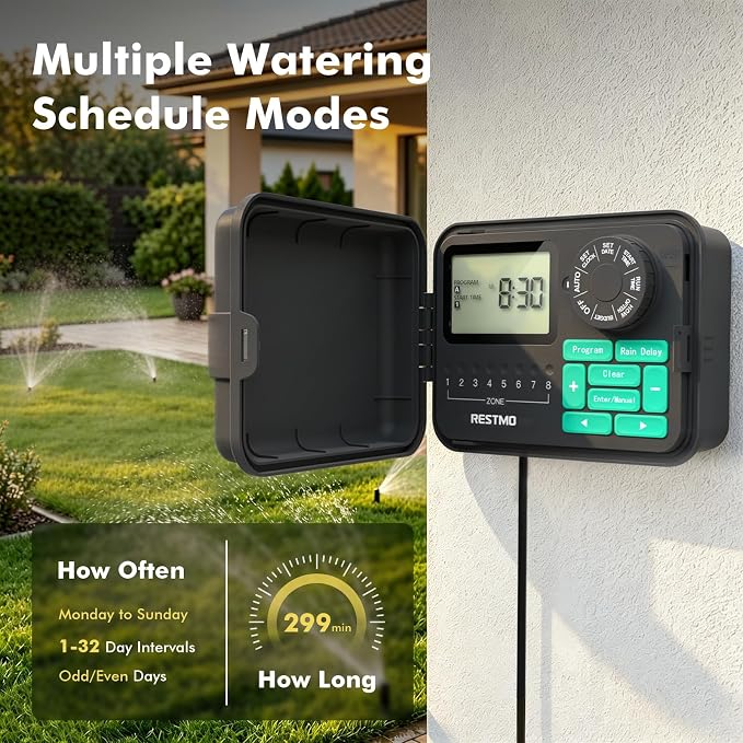 RESTMO Remote Control 8-Station Swing Panel Sprinkler System Timer, Outdoor Sprinkler Controller with Rain Delay/Manual/Automatic Watering System, Digital Irrigation for Yard, Lawn & Garden