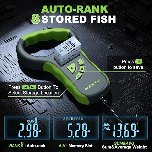 SNAIL TRAIL 8 Storage Bins Digital Bass Fishing Scale & 7.5'' Lip Gripper, Weighs Up to 50 lbs, Backlit LCD Display, Ergonomic Handle, Multi-Mode(LB, OZ/LB & KG), Tournament Fish Weigher for Anglers