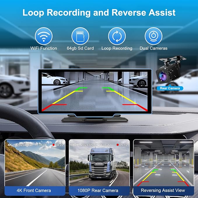 10.26" Wireless Carplay Screen for Car with 4K Dash Cam | Portable Car Play & Android Auto Touch Screen, 1080p Backup Camera, Mirror Link, Voice Control, GPS Navigation | for All Cars