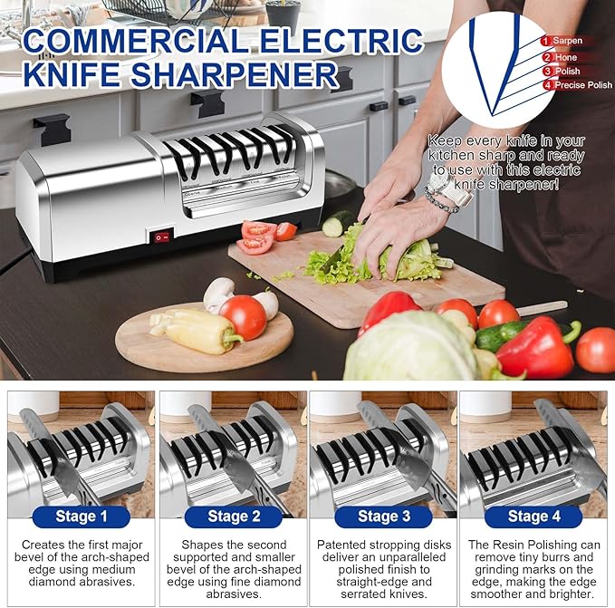 YBSVO 4-Stage Professional Electric Knife Sharpener | Heavy Duty Diamond Sharpening System for Straight & Serrated Knives - Quiet Motor for Kitchen & Chef Use