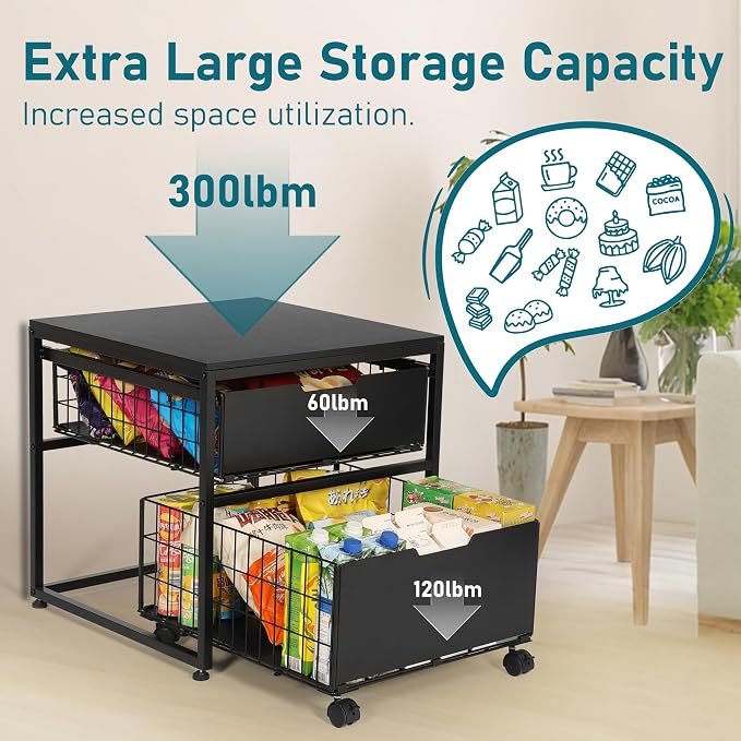 KELIXU Mini Fridge Stand with Storage Drawer, Small Refrigerator Cart with Wheels, Heavy Duty Microwave Stand, 21.7" L x 21.7" W Mini Fridge Cabinet for Dorm, Home, Office, Hold 300 LBS, Black