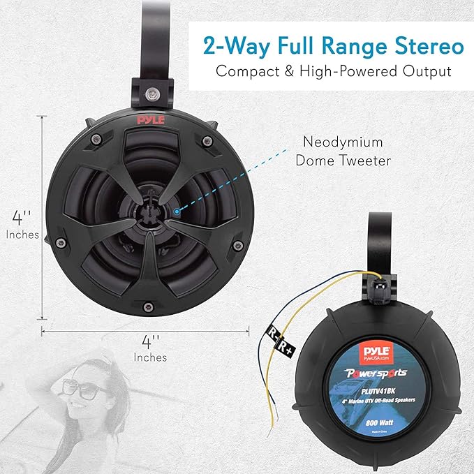 Pyle 2-Way Dual Waterproof Off-Road Speakers, 4 Inch 800 Watt Marine Grade Wakeboard Tower Speakers System, Full Range Outdoor Audio Stereo Speaker for ATV, UTV, Quad, Jeep, Boat - PLUTV41BK, Black