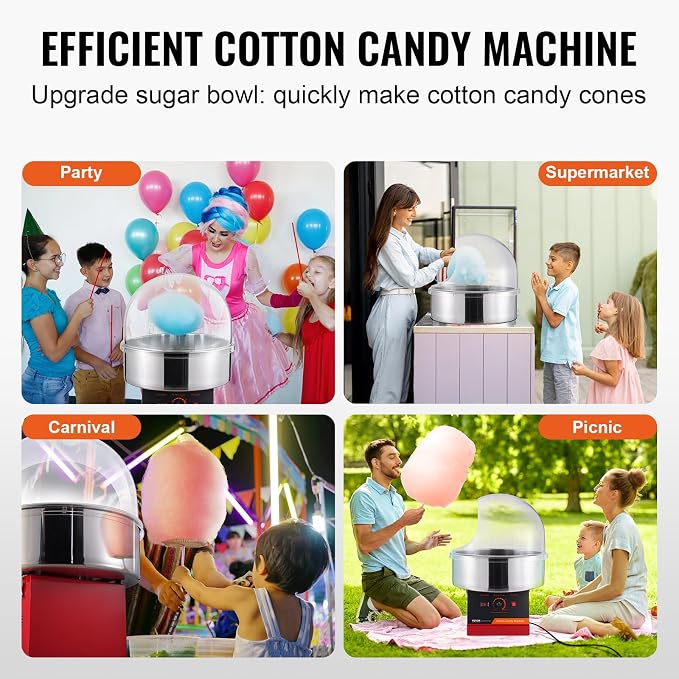 VEVOR Cotton Candy Machine Commercial, 1000W Electric Floss Maker with Cover, Stainless Steel Bowl, Sugar Scoop, Storage Drawer, Perfect for Home, Carnival, Kids Birthday, Family Party, Red
