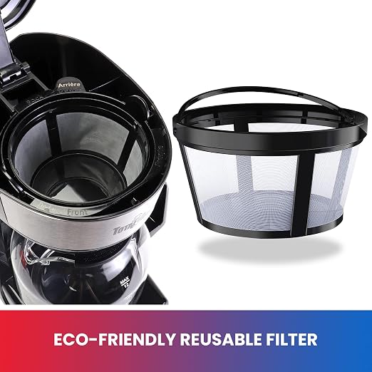 Total Chef TCCM06 Programmable Coffee Maker Stainless Steel with 12-Cup Glass Carafe, LCD Display, Reusable Basket Filter Easy Cleanup Built in Water-Level Indicator, Countertop, Black/Gray