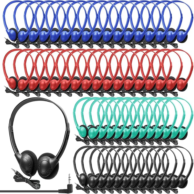 Frienda 48 Pack Classroom Headphones Bulk, Wired School Headsets for Students, Stereo Headphones with 3.5 mm Plug for Classroom, Online Learning, Library(Classic,Navy, Black, Red, Cyan)