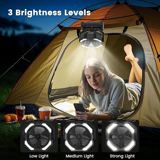 20000mAh Portable Misting Fan, USB Rechargeable Camping Fan with LED Light, Battery Operated for Outdoor, Tents, Beach, Travel - 250mL Water Tank & Hook Included, Black.