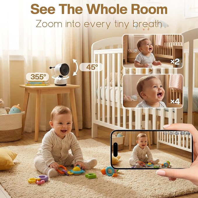 Smart WiFi Baby Monitor with 5-Inch Screen: 355° Pan-Tilt-Zoom Camera, HD Night Vision, Two-Way Audio, Cry Detection, Temp Sensor, 24/7 App Recording – Easy Setup, Baby Essentials for New Parents