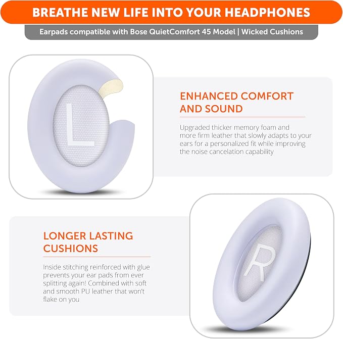 WC PadZ QC45 - Earpads for Bose QuietComfort 45 / QuietComfort Se/QuietComfort Wireless, Made by Wicked Cushions | Extra Thick Cushion | Premium Durable Stitching | Chilled Lilac