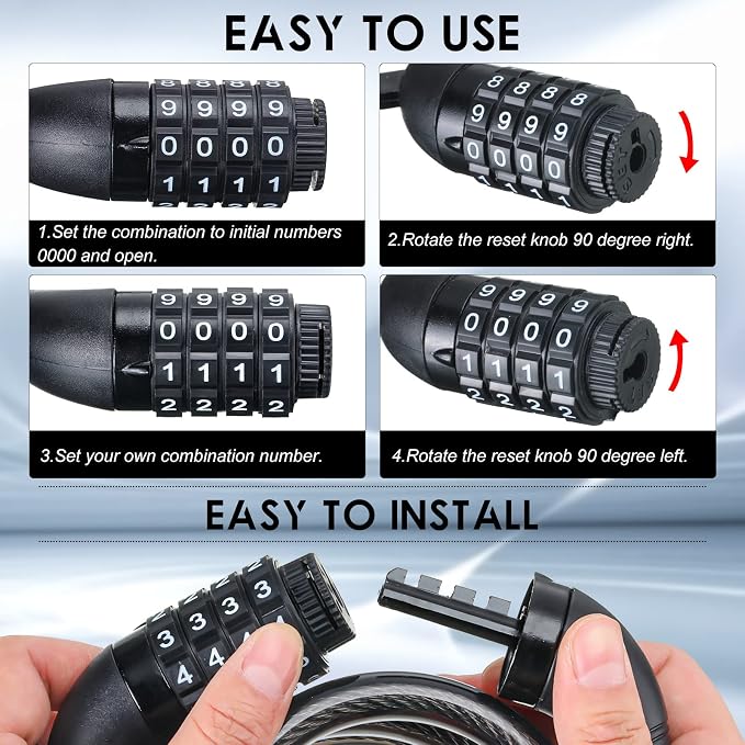 Hotop 8 Pcs Bike Locks Bulk High Security 4 Digit Heavy Duty Bicycle Cable Locks with Mounting Bracket 4 Ft Resettable Coiling Bike Lock with Combination, 1/2 Inch Diameter(Black)
