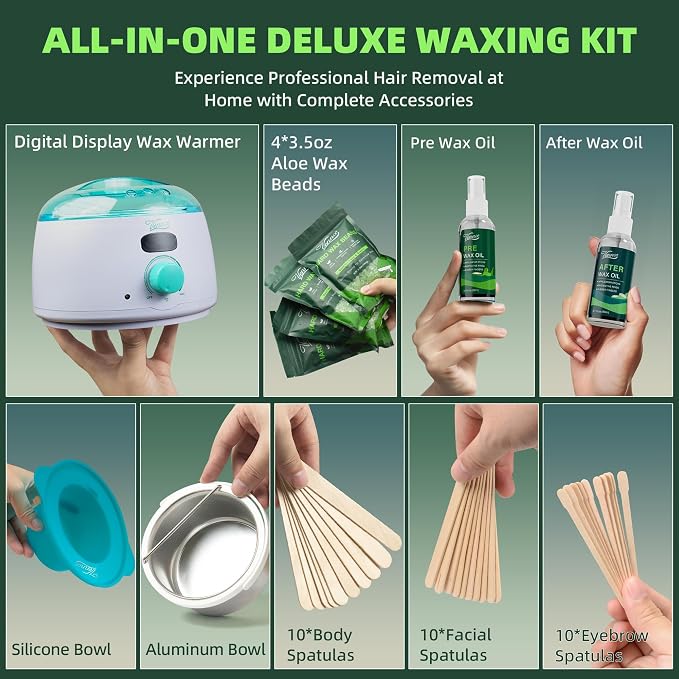 VENNCO Waxing Kit for Women Men - Premium Digital Wax Melt Warmer Kit for Sensitive Skin Coarse Hair Removal - 14oz Hard Wax Beads & Silicone Liner - for Bikini Brazilian Body Face Leg - Home Wax Kit