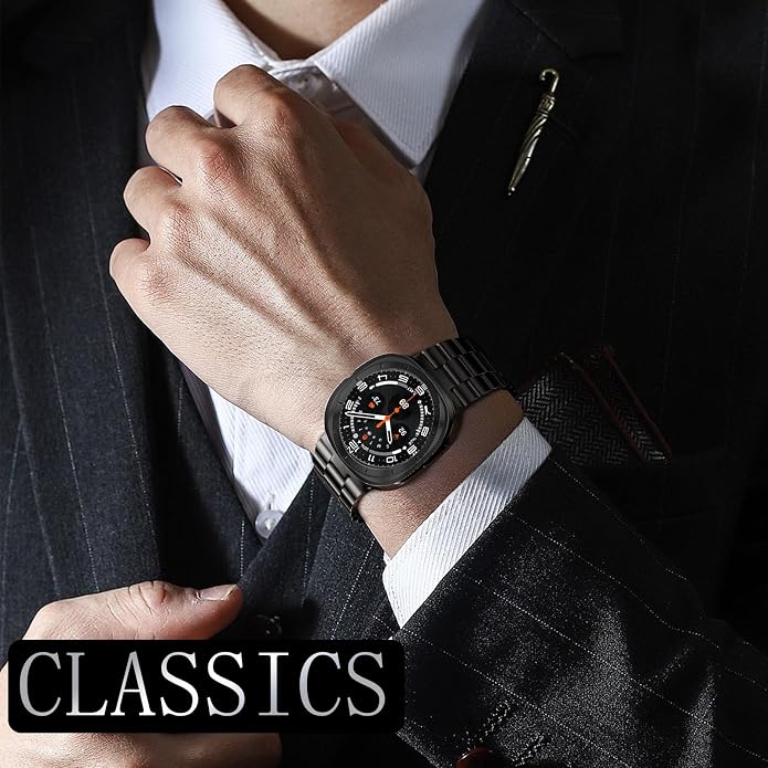 Stainless Steel Metal Band Compatible Samsung Galaxy Watch Ultra 47mm(2025 2024) with Case,Replacement Business 22mm Strap for Galaxy Watch 7 8 Ultra for Men (black+silver)