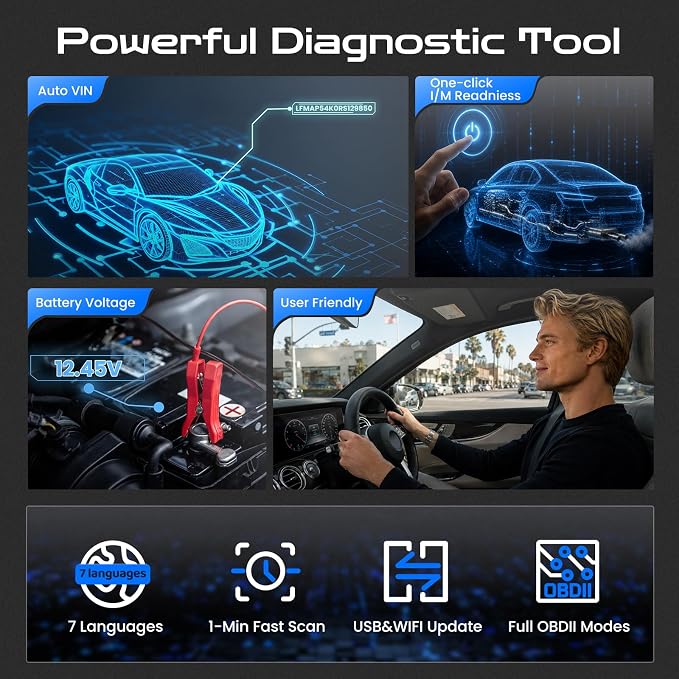 Full-System OBD2 Scanner Car Diagnostic Tool with ABS SRS Transmission Etc | Read & Clear Fault Codes; Read Live Data; Battery Voltage Test; Free Upgrade; Works for Cars and Trucks Since 1996