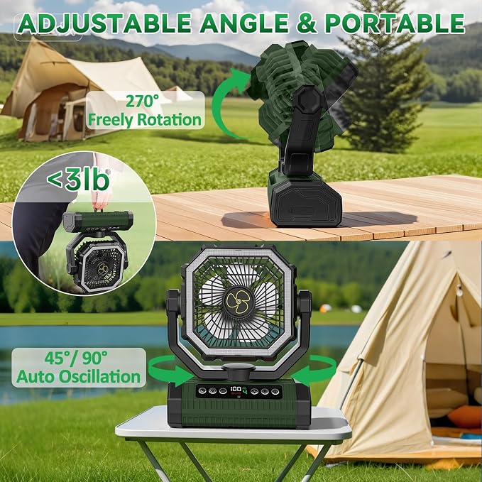 Camping Fan Rechargeable, 24000mAh Battery Powered Fan with Digital Display, 4 Speed Rechargeable Fans Portable with Remote, Cordless Battery Operated Fans with LED Light and Hanging Hook for Tent