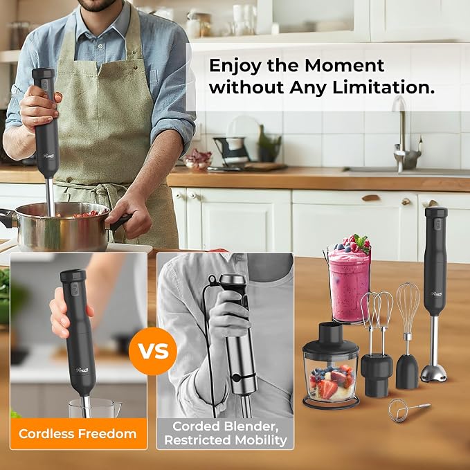 Rosewill 6-in-1 Multi-Speed Cordless Rechargeable Immersion Hand Blender, Heavy Duty Motor - Stick Blender, Beaker, Whisk, Chopper, Dual Beater, Milk Frother - For Smoothies, Baby Food, Soup - Black