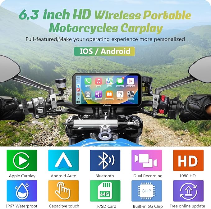 Carpuride W603D Motorcycle GPS Carplay Screen, Wireless CarPlay & Android Auto for Moto, with HD 1080P Dual Cameras, Remote Control，6.3" Waterproof Touchscreen, BT Aduio, Loop