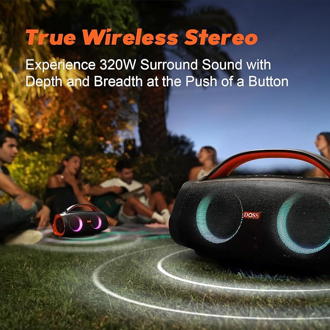 DOSS Extreme Boom Pro 100W Loud Outdoor Speaker, 2+2 Channel, IPX6 Waterproof, Bluetooth 5.3, 20H Playtime, Dynamic Lights, Portable Speaker for Camping, Beach, Pool, Working Outside - Orange