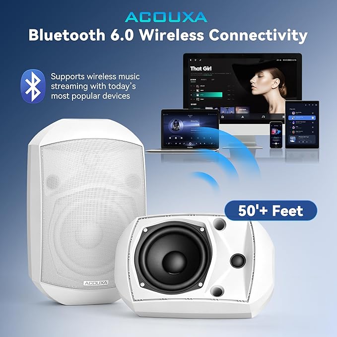 5.25 Inch Wall Mount Bluetooth 6.0 Outdoor Speaker,IP66 Waterproof Indoor/Outdoor Sound System,2-Way Woofer & Tweeter,600W Peak Wired Speakers for Pool,Patio,Garage,Home Theater(Pair,White)