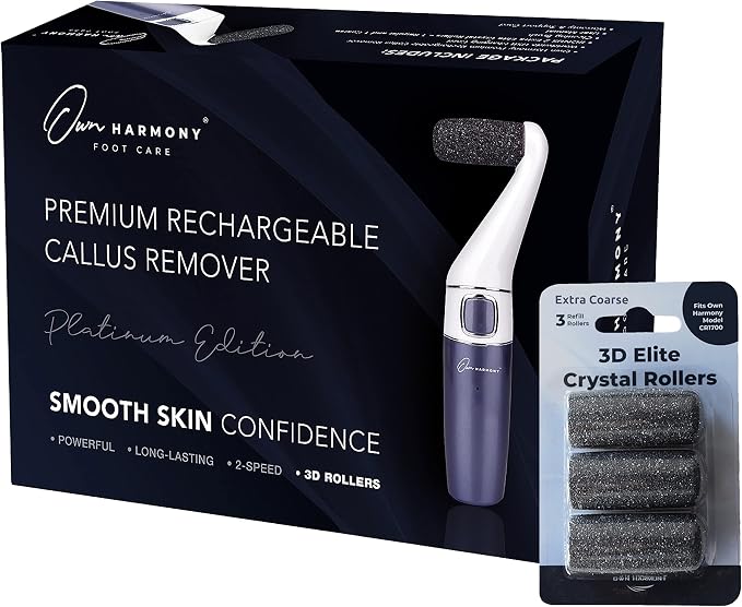Own Harmony Electric Foot Callus Remover and 6 Rollers Bundle: Professional Foot Care Pedicure Tools, Rechargeable Dead Skin Feet Scrubber, Electronic Feet File Grinder - Best for Hard, Cracked Heels