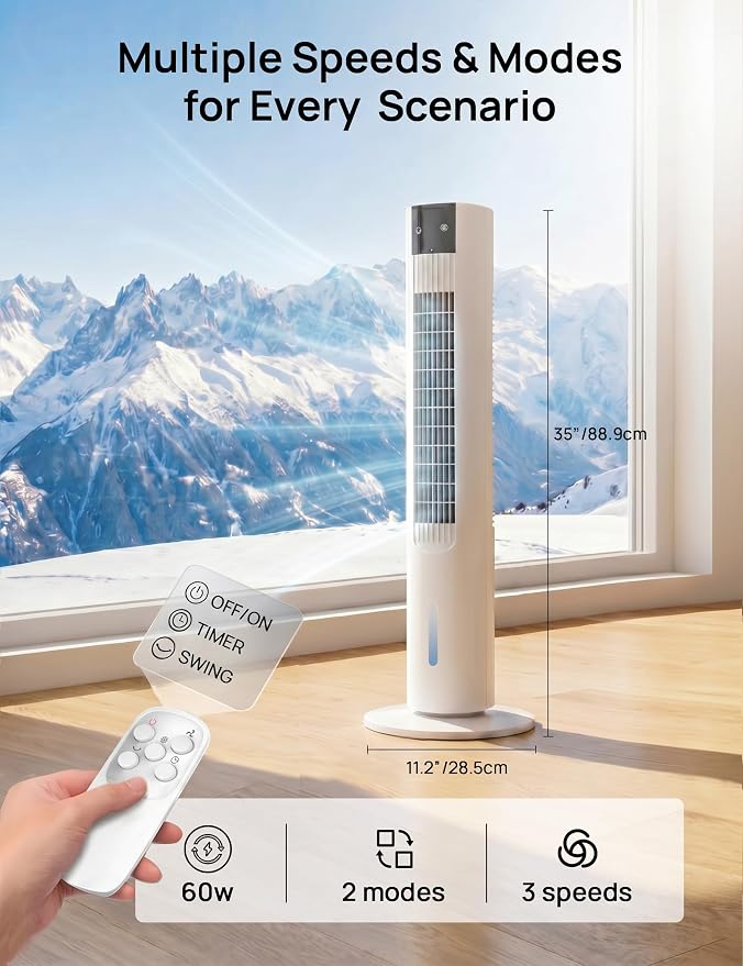 35" Evaporative Air Cooler, 3-In-1 Swamp Cooler, Portable Air Conditioners No Windows Needed, 3 Speeds, 4 Ice Packs, 12H Timer, 80° Oscillation, Remote, AC Cooling Fan for Bedroom, Room