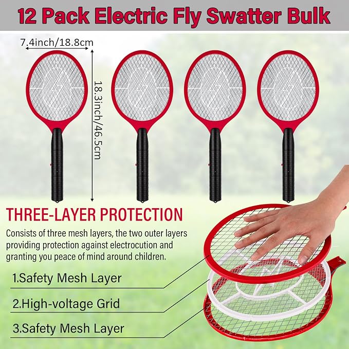 12 Pack Electric Fly Swatter Bulk Bug Zapper Rackets for Indoor Outdoor Insect Control Killer Bat Handheld Mosquito Swatter Battery Powered Electric Bug Killer for Home Patio Camping (Red)