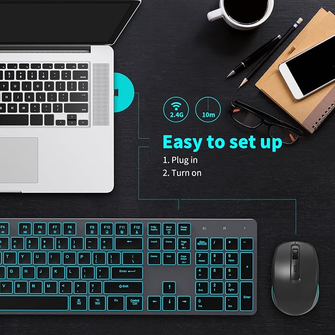 Quiet Wireless Keyboard and Mouse Backlit, Rechargeable Silent Flat Keyboard Mouse Combo, Jiggle Mouse, 2.4GHz Cordless Slim Keyboard Mouse for Mac, Windows, PC Computer, Laptop, Desktop (Space Gray)