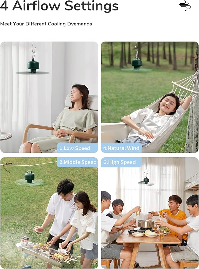 JISULIFE Camping Fan 8000mAh Battery Operated, Portable Tent Rechargeable with Remote Control, Detachable Fan-Blades, Hanging Hook, Timer, 4 Speeds for Outdoor Dorm-Green