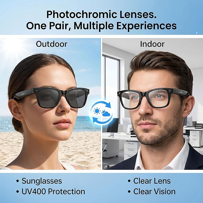 AI Smart Camera Glasses, 1080P HD POV Video Recording and Translator, Object Recognition, Bluetooth Audio for Music Calls, 290mAh Battery, Photochromic Lenses for Vlog, Travel and Work