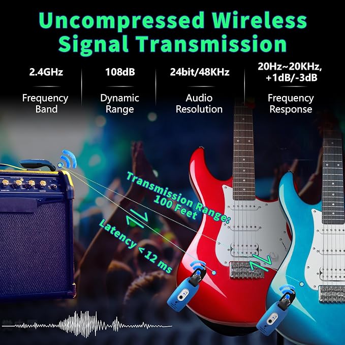 A9 Wireless Guitar System 2.4GHz Built-in Rechargeable Lithium Battery 270°Rotate Audio Wireless Transmitter Receiver for Guitar Bass Violin Keyboard Electric Instruments (1C-NRJ0-646R)