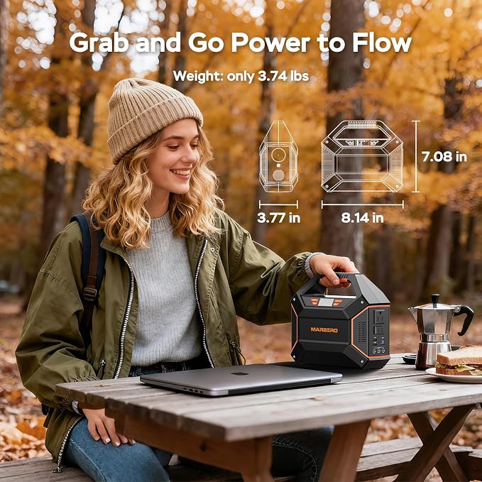 MARBERO Portable Power Station 155Wh Portable Charger 100W Power Station with 6 Outputs 2x 110V AC Outlet LED Flashlight for Home Blackout, Camping, RV Travel, Ultra-Light & Silent Fan UL Certified
