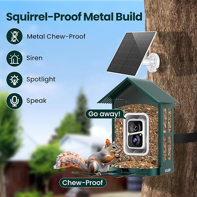 SOLIOM Bird Feeder with Camera, Solar Smart Bird Feeder Camera with AI Bird Identification, 2K HD Live View & Instant Alerts, Squirrel-Proof Metal Outdoor Bird Feeder, Bird Watching Gift Set (Green)