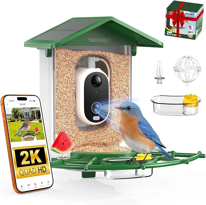 TECKNET Smart Bird Feeder with Camera, 2K UHD Video, AI Bird Species Identification, Instant Arrival Alerts, Solar Powered, Waterproof Birdhouse Camera, Gift for BirdLovers, Family, Green