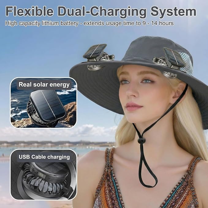 Outdoor Wide Brim Sun Hat with 2 Solar Powered Fan, Bucket Hat for Men Women, Fishing, Gardening & Beach Hat for Men
