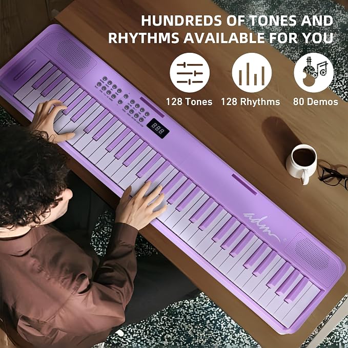 ADM 61 Key Folding Electric Piano Keyboard, Foldable Electronic Keyboard, Wireless 128 Tones, 128 Rhythms Includes Pedal, Gig Bag, Headphones for Beginners, Students, Teenagers, Adults, Purple