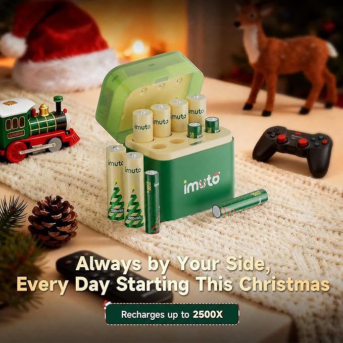 imuto AA & AAA Rechargeable Battery Kit with 8-Slot USB-C Charger | 4 Pcs 3600mWh AA, 4 Pcs 1300mWh AAA, Christmas Style Charger Compatible with NiMH & Li-ion, Ideal for home electronics