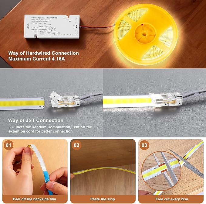 Under Cabinet Led Light Strip kit,2 Roll x 16.4ft Cuttable 6500K COB,Diffused Power with 8 JST & 2 Hardwired Outlets,Touch Sensor for Gun Safe Case,Book Shelf,Floating Shelf,Slat Wall Panel