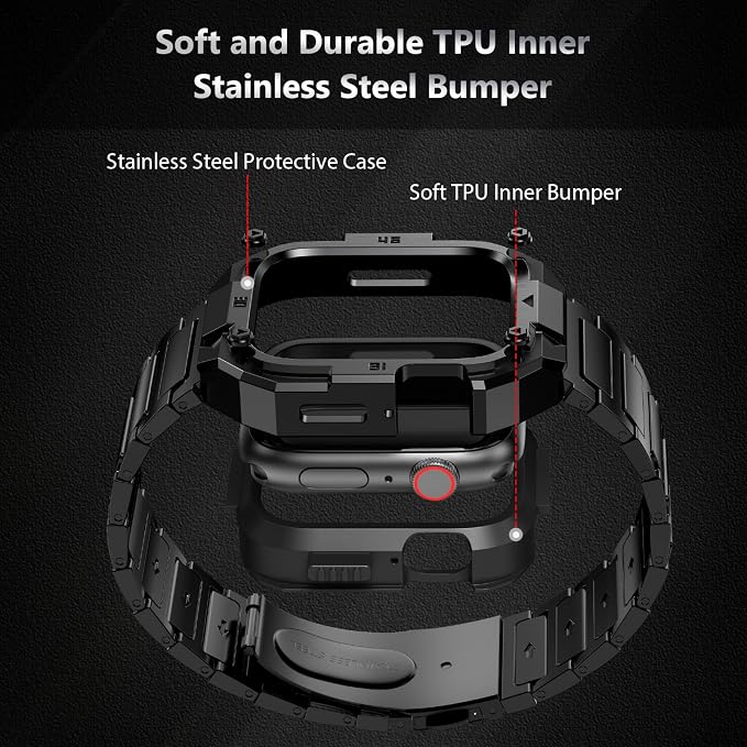 Stainless Steel Case with Band Compatiable for Apple Watch Band 44mm -Rugged Metal iWatch Bumper Cover and Strap for Men iWatch Bands Series 6 5 4,Black