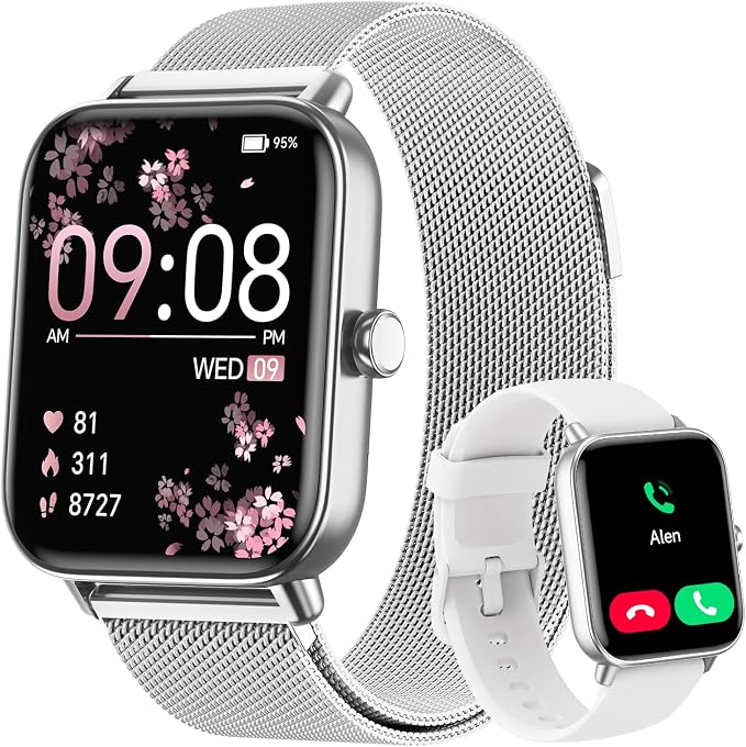 Smart Watches for Women Men (2 Bands), 1.85" HD Alexa Smart Watch for Android Phones & iphone Compatible, 120 Sport Modes Fitness Watch, Heart Rate/SpO2/Sleep Tracker, 3ATM Waterproof Pedometer Watch