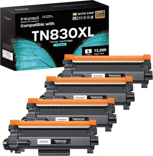 iNKPAD Compatible TN830XL TN830 Toner Cartridge for HL-L2460DW DCP-L2640DW Replacement for Brother TN 830 XL/V/R Toner with MFC-L2820DW HL-L2400D HL-L2405W HL-L2460DWXL Printers (4Pack, Black)