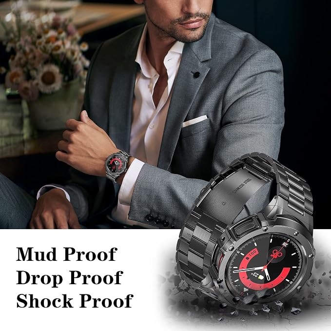 SUPLINK Stainless Steel Case and Band Compatible with Samsung Galaxy Watch 6 Bands 44mm, Solid Metal Protector Case Strap for Samsung Galaxy 6 Watch Men, Space Grey