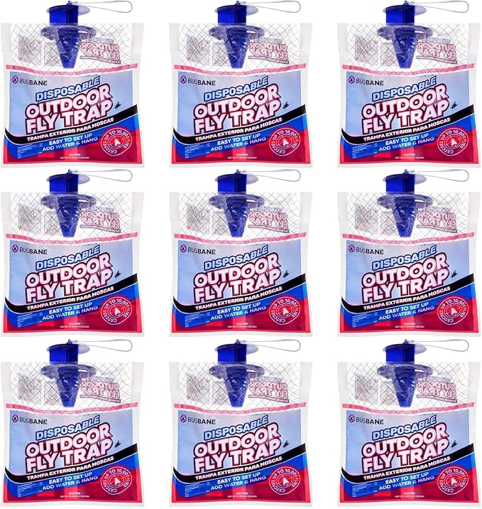 Fly Traps Outdoor Fly Trap for Patio. 9 Non-Toxic Pre-Baited Flies Bags Outdoor Disposable. Hanging Bug Catchers for All Filth Flies Killer for Outside Bug Control in Yard Horse Ranch Trash Can.
