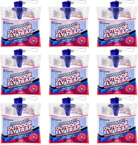 Fly Traps Outdoor Fly Trap for Patio. 9 Non-Toxic Pre-Baited Flies Bags Outdoor Disposable. Hanging Bug Catchers for All Filth Flies Killer for Outside Bug Control in Yard Horse Ranch Trash Can.